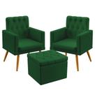 Kit 2 Poltronas Estofadas Nina Rodapé e Capitonê com Puff Quasar Sued Verde Aradecor