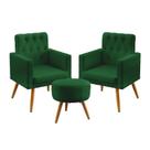 Kit 2 Poltronas Estofadas Nina Rodapé e Capitonê com Puff Solar Sued Verde Aradecor