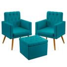 Kit 2 Poltronas Estofadas Vega Rodapé e Capitonê com Puff Quasar Sued Azul Turquesa Aradecor