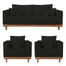 Kit 2 Poltronas Living + Sofá 3 Lugares Base Madeira Suede Preto Kit 2 Poltronas Living + Sofá 3 Lugares Base Madeira Suede Preto