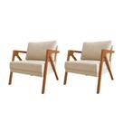 Kit 2 Poltronas Mona Luxo Base Madeira Maciça Linho Bege