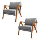 Kit 2 Poltronas Mona Luxo Base Madeira Maciça Linho Cinza