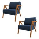 Kit 2 Poltronas Mona Monique Luxo Base Madeira Maciça Cerejeira Linho Azul