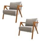 Kit 2 Poltronas Mona Monique Luxo Base Madeira Maciça Cerejeira Linho Bege