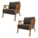 Kit 2 Poltronas Mona Monique Luxo Base Madeira Maciça Cerejeira Linho Marrom