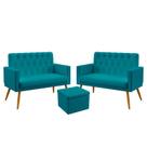 Kit 2 Poltronas Namoradeira Estofadas Vega Rodapé e Capitonê com Puff Quasar Sued Azul Turquesa Aradecor
