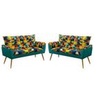 Kit 2 Poltronas Namoradeira Opala Sued Estampado Colorido com Azul Turquesa Aradecor