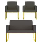Kit 2 Poltronas + Namoradeira Recepção Base Dourada material sintético