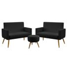 Kit 2 Poltronas Namoradeiras Decorativas Estofadas Nina Com Rodapé Puff Solar Couro Preto Aradecor