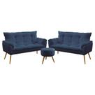 Kit 2 Poltronas Namoradeiras Decorativas Estofadas para Sala de Estar Beta e Puff Solar Sued Azul Ma