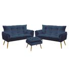 Kit 2 Poltronas Namoradeiras Decorativas Estofadas Para Sala De Estar Opala e Puff Lunar Sued Azul Marinho Aradecor