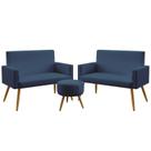 Kit 2 Poltronas Namoradeiras Decorativas Estofadas Para Sala De Estar Vega e Puff Solar Sued Azul Marinho Aradecor