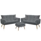 Kit 2 Poltronas Namoradeiras Decorativas Opala e Puff Lunar Sued Cinza Aradecor