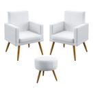 Kit 2 Poltronas Nina Rodapé + Puff Solar Couro Artificial Branco Aradecor