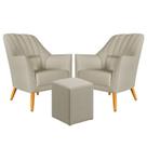 Kit 2 Poltronas Orion Bordada com Puff Izar Couro Bege Aradecor