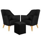 Kit 2 Poltronas Orion Bordada com Puff Izar Para Sala de Estar Couro Preto Aradecor
