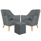Kit 2 Poltronas Orion Bordada com Puff Izar Suede Cinza Aradecor