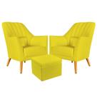 Kit 2 Poltronas Orion Bordada com Puff Quasar Sued Amarelo Aradecor Kit 2 Poltronas Orion Bordada com Puff Quasar Sued Amarelo Aradecor