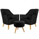 Kit 2 Poltronas Orion Bordada com Puff Solar Sued Preto Aradecor