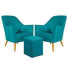 Kit 2 Poltronas Orion com Puff Izar Para Sala de Estar Sued Azul Turquesa Aradecor