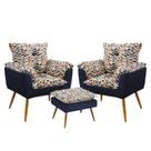 Kit 2 Poltronas para Sala de Estar Beta com Puff Lunar Sued Estampado Laranja com Azul Marinho Arade Kit 2 Poltronas para Sala de Estar Beta com Puff Lunar Sued Estampado Laranja com Azul Marinho Arade