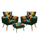 Kit 2 Poltronas Para Sala de Estar Opala com Puff Lunar Sued Estampado Colorido com Verde Aradecor