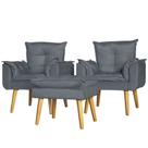 Kit 2 Poltronas Para Sala Decorativa e Puff Opala Suede Cinza