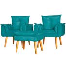 Kit 2 Poltronas Para Sala Decorativa e Puff Opala Suede Verde Água