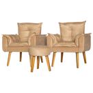 Kit 2 Poltronas Para Sala Decorativa Opala e Puff Redondo Suede Bege