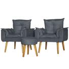 Kit 2 Poltronas Para Sala Decorativa Opala e Puff Redondo Suede Cinza