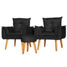 Kit 2 Poltronas Para Sala Decorativa Opala e Puff Redondo Suede Preto