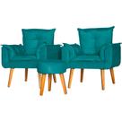 Kit 2 Poltronas Para Sala Decorativa Opala e Puff Redondo Suede Verde Água