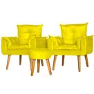 Kit 2 Poltronas Para Sala Decorativa Opala e Puff Redondo Veludo Amarelo