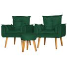 Kit 2 Poltronas Para Sala Decorativa Opala e Puff Redondo Veludo Verde Escuro