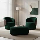 Kit 2 Poltronas + Puff Decorativo Beatriz Orgânico Composê Couro Marrom Veludo Verde Mz Decor