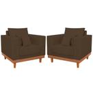 Kit 2 Poltronas Reforçada Suede Pés Base Madeira + Almofadas