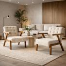 Kit 2 Poltronas Zara Capitone Tecido Boucle Moderna Decorativa Pés Em Madeira Maciça Para Sala De Estar cor:cru