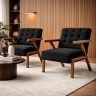 Kit 2 Poltronas Zara Capitone Tecido Boucle Moderna Decorativa Pés Em Madeira Maciça Para Sala De Estar cor:preto