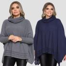 Kit 2 Poncho Feminino Tricot Liso Gola Alta Casaco Lã Inverno