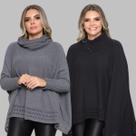 Kit 2 Poncho Feminino Tricot Liso Gola Alta Casaco Lã Inverno Kit 2 Poncho Feminino Tricot Liso Gola Alta Casaco Lã Inverno