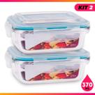 Kit 2 Pote de Vidro Hermético Borossilicato 370ml Marmita Fitness Freezer Microondas