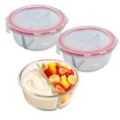 Kit 2 Pote De Vidro Tampa Hermético Redondo Com Divisória Marmita Fit 4 Travas 390ml