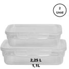 Kit 2 Potes Com Tampa e Trava 1,1L e 2,25L Transparente