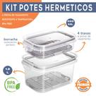 Kit 2 Potes Hermético Porta Frios Com Travas Cesto Escorredor 1,2 L e 500ML Frutas Vegetais Alimentos -