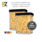 Kit 2 Potes Herméticos para Café, Grãos, Açúcar, Massas 1,5 Litros (1500 ml) Helsim - Tampa Preta