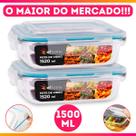 Kit 2 Potes Herméticos Retangular Vidro Freezer Microondas Com Tampa Transparente 1500ML