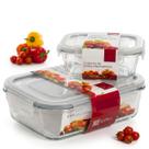 Kit 2 Potes Vidro Hermético Borossilicato Marmita 1040ml 370ml Trava 4 Lados Forno Microondas BPA Free Anti Vazamento Freezer Cozinha