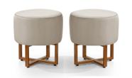 Kit 2 Pufes Banqueta Redonda Para Sala Decoração Interior Pes Ferro Cobre Tecido Bege