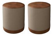 Kit 2 Puff Banqueta Cilindro Linho Bege Couro Caramelo Luxo - MS