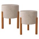 Kit 2 Puff Banqueta Redonda Cinza Mini Sofá Pés Madeira Sala